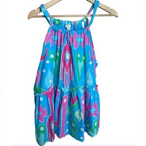 Crown & Ivy | Blue Pink Ikat Print Tiered Tank Top Blouse Cotton | XL